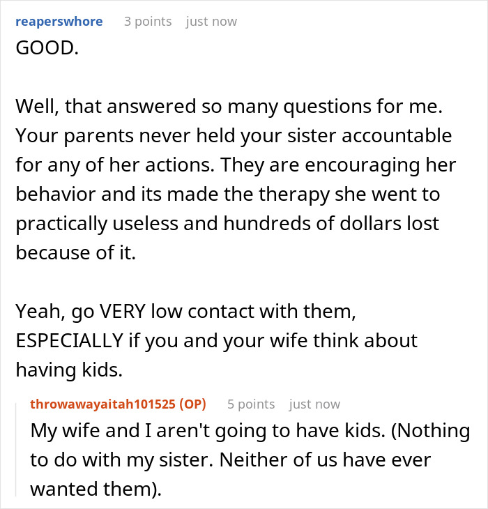 Screenshot of an online discussion about a guy rejecting his sister&rsquo;s big wedding idea amid family conflict over rejection sensitive dysphoria.