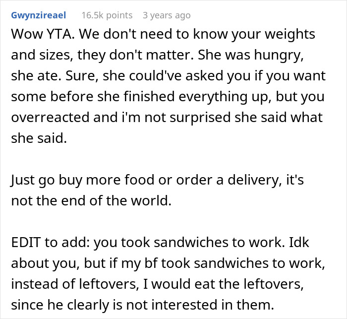 Comment discussing a man snapping at his girlfriend after she eats all the leftovers, mentioning weight and food conflict.