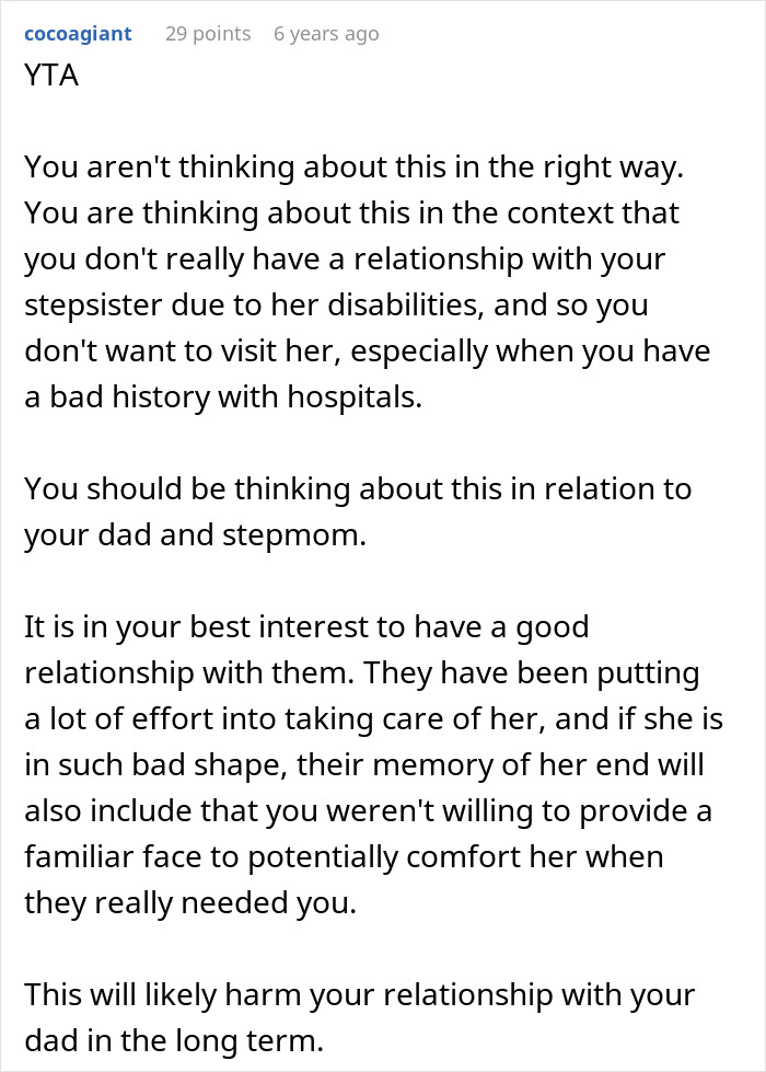 Comment discussing the sad teen who refuses visit to special needs stepsister in hospital, focusing on family relationships.