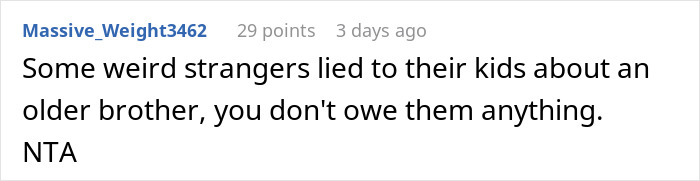 Screenshot of a Reddit comment about parents wanting their abandoned son to play happy family with siblings.