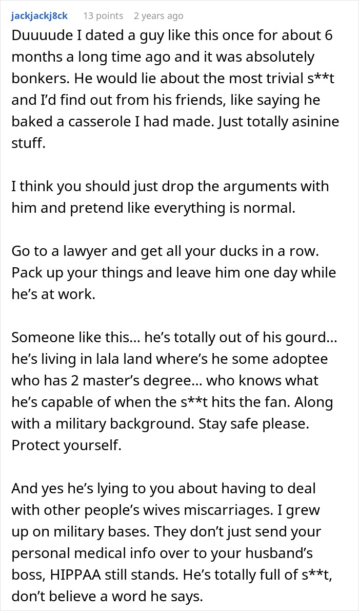 Screenshot of a Reddit comment discussing a man lying about his master&rsquo;s degree and the wife's discovery.