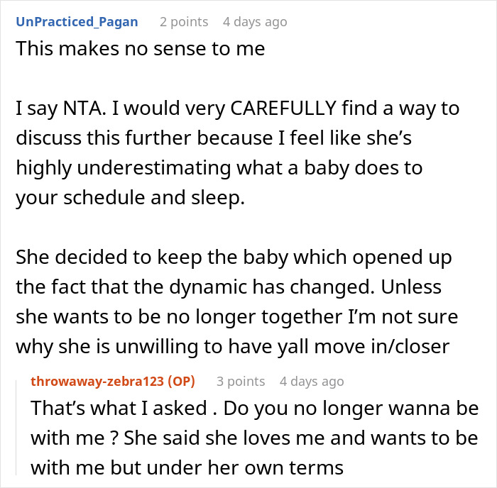 Screenshot of an online discussion about a pregnant girlfriend refusing to move in together, highlighting relationship challenges.