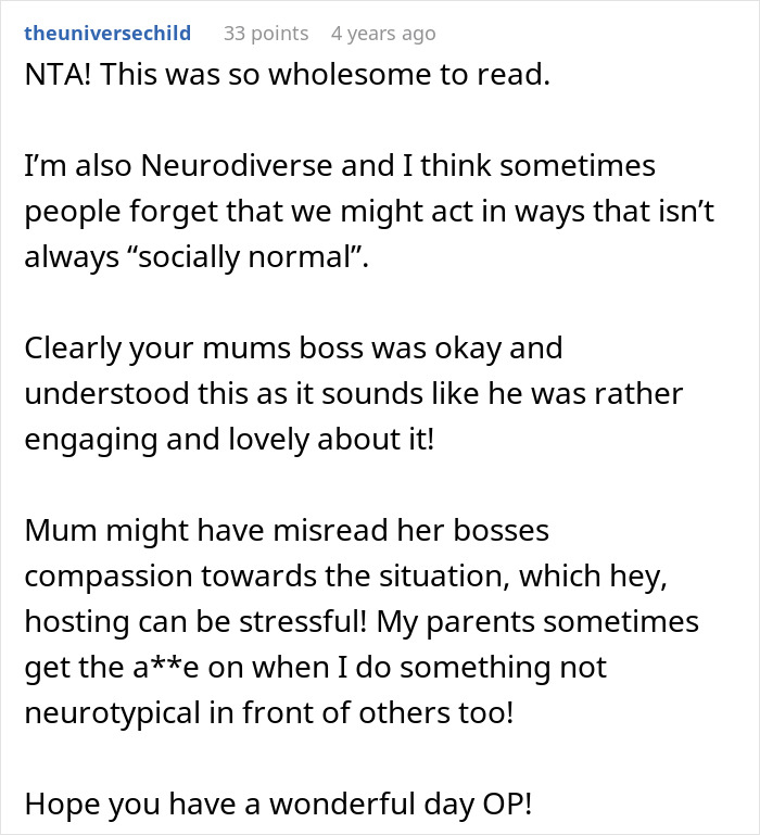 User comment praising a man picking at his food during dinner with mom’s boss, highlighting neurodiversity and understanding. User comment praising a man picking at his food during dinner with mom’s boss, highlighting neurodiversity and understanding.
