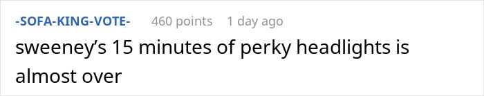 Screenshot of a comment mentioning Sydney Sweeney&rsquo;s perky highlights amid escalating petty feud with Zendaya over controversies.