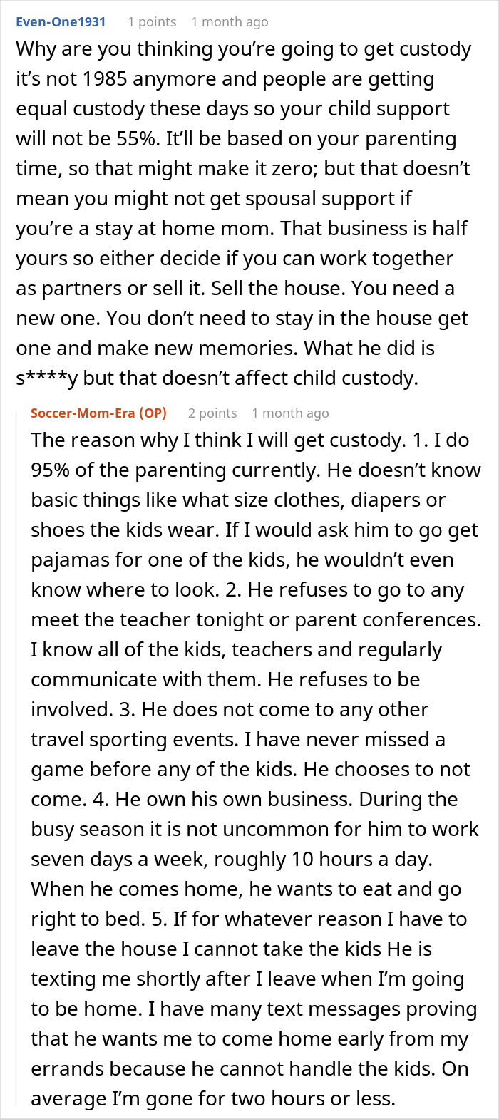 Reddit conversation discussing custody challenges while working things out with wife and relationship issues.