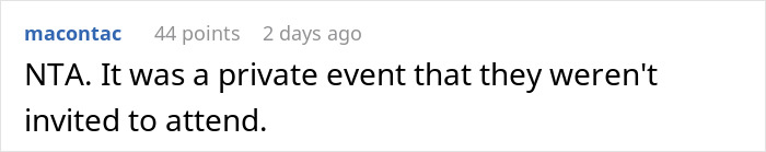 Screenshot of a social media comment discussing an entitled mother denied entrance at a private party. Screenshot of a social media comment discussing an entitled mother denied entrance at a private party.