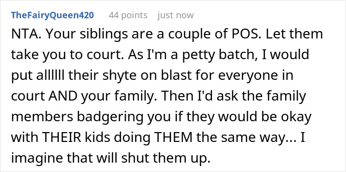 Screenshot of a user comment discussing entitled siblings raging after learning dad cut them from his will.