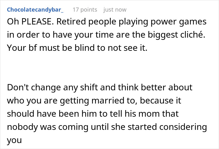 Comment discussing future MIL scheduling family events on lady's work days and advice on handling power games.