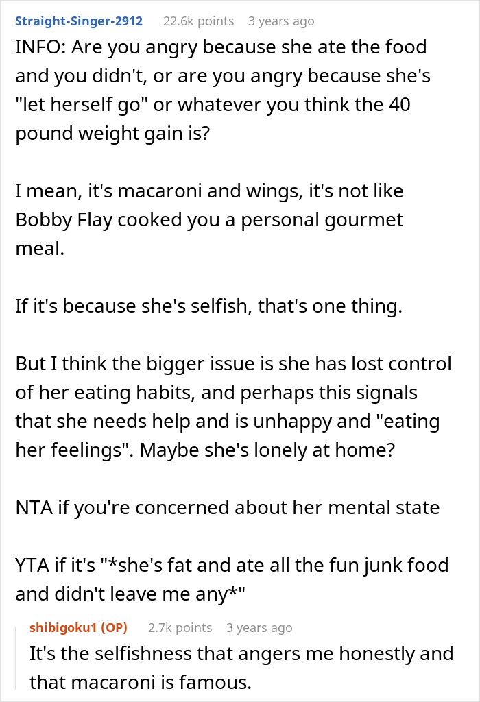Reddit discussion about a man snapping at his girlfriend after she eats all the leftovers, mentioning her 40 lbs weight gain.