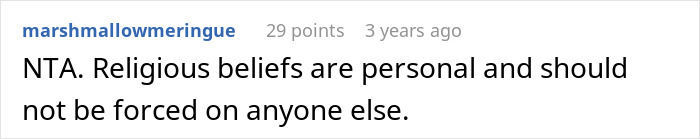 Comment text on a white background discussing religious beliefs and respecting personal faith in a family conflict context.