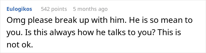 Screenshot of a Reddit comment urging breakup due to guy forgetting girlfriend&rsquo;s birthday and demanding apologies for bothering him.