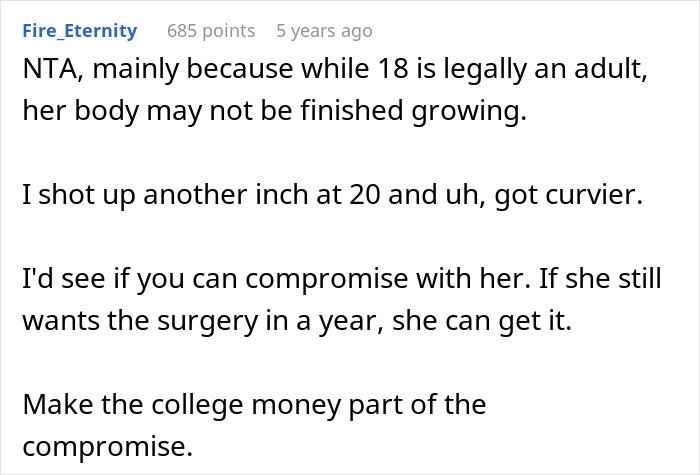 Screenshot of a Reddit comment discussing an 18-year-old wanting a BBL and her dad refusing to pay for college.