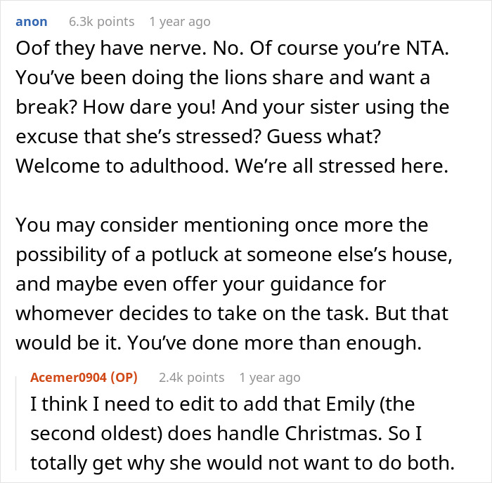 Comment thread discussing a woman asking for a break from hosting traditional family Thanksgiving, called selfish by sisters.