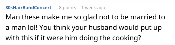 Comment highlighting frustration about husbands leaving domestic chores to wives and expecting dinner to be served without helping.