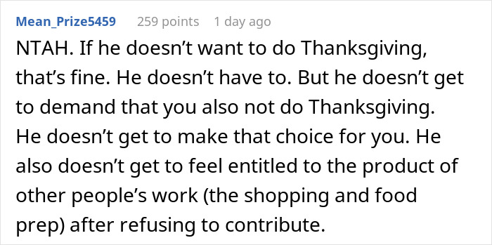 Reddit comment discussing husband unable to handle Thanksgiving shopping pressure and wife's decision to ban him.