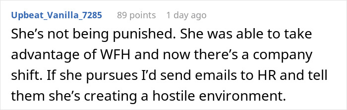 Comment discussing a woman expecting her private office back after working from home for 2 years amid company policy changes.