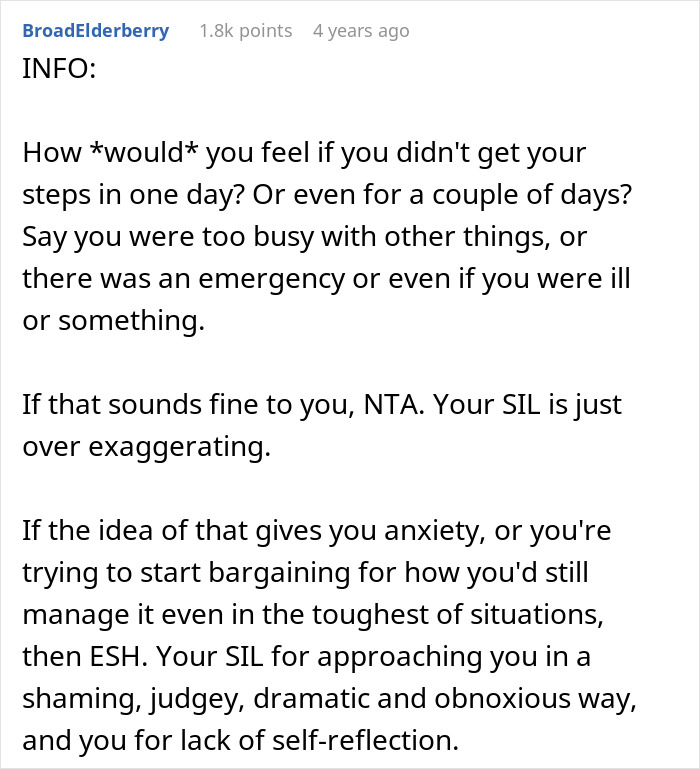 Text post discussing anxiety and judgment related to an avid walker doing 20K steps per day and SIL mockery.