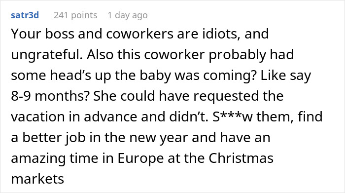 Screenshot of a social media comment criticizing a hospital&rsquo;s family first vacation policy after a child-free employee quit before Christmas.