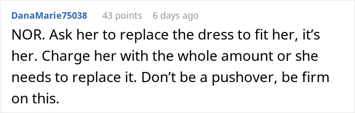 Screenshot of a comment discussing refusal to pay $90 for a borrowed dress altered without permission.