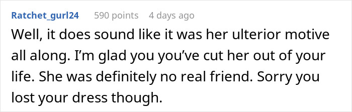 Screenshot of a Reddit comment discussing a woman refusing to pay $90 for a borrowed dress she altered without permission.