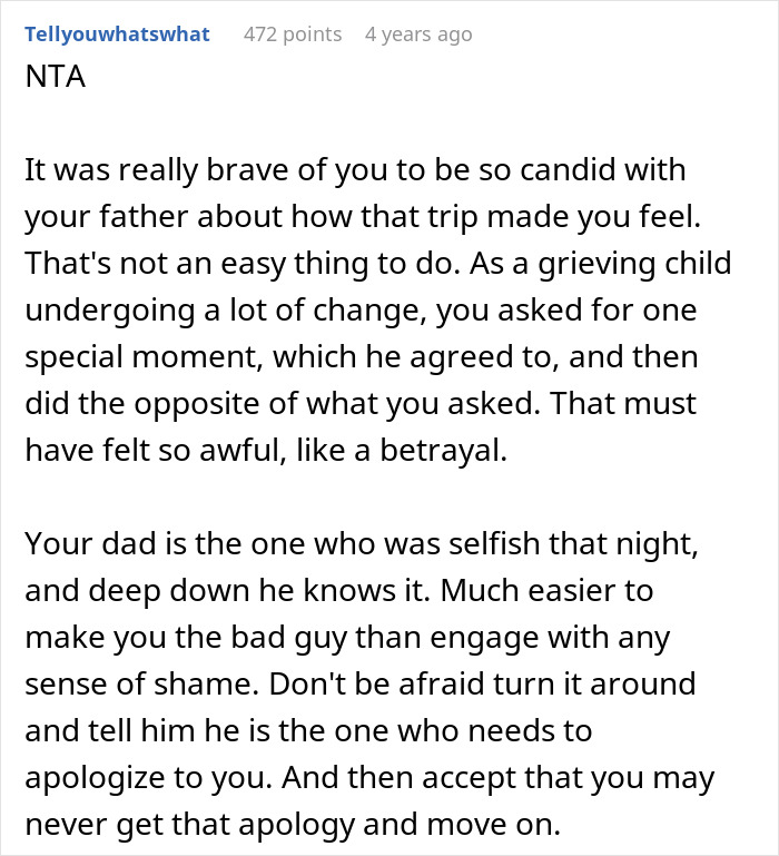 Comment explaining the selfish dad&rsquo;s behavior after ruining a daughter&rsquo;s Christmas memory and demanding an apology.
