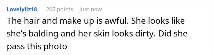 Comment criticizing Meghan Markle&rsquo;s makeup-free photo, mentioning her hair, skin, and appearance in a harsh tone.