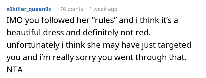 Text post from a user discussing a bride mad at her cousin's dress at a wedding and offering sympathy.