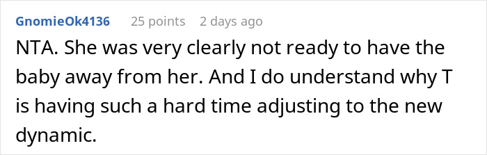 Screenshot of a Reddit comment discussing a mom&rsquo;s panic calls while her friend agrees to babysit overnight.