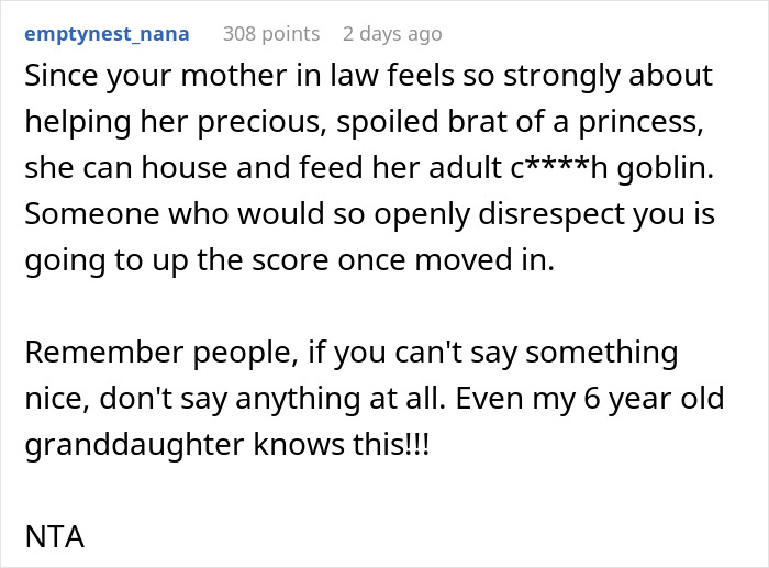 Comment from user empty_nest_nana advising against letting homeless sister-in-law move in due to disrespect concerns.