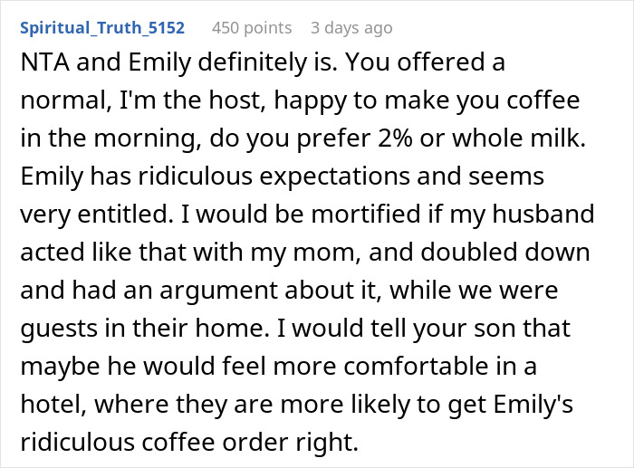 Comment discussing MIL offering to make morning coffee for DIL but ignoring fancy recipe instructions and causing conflict.