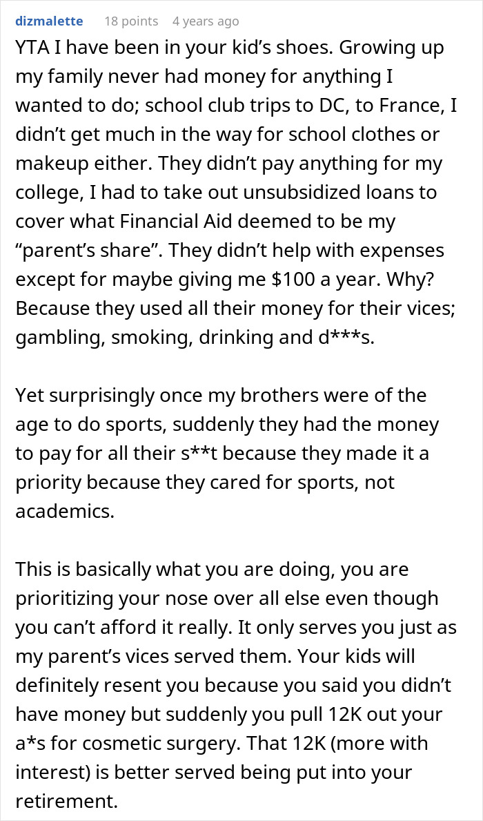 Comment discussing choosing a nose job over kids college funds, prioritizing cosmetic surgery over financial aid needs.