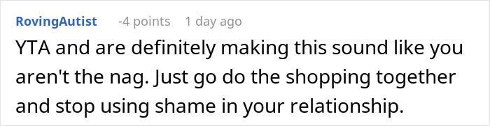 Commenter advising to stop nagging and suggest shopping together, highlighting husband's pressure over Thanksgiving buying tasks.