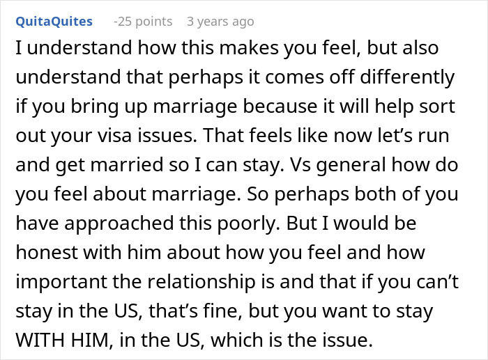 Comment discussing relationship struggles and visa issues faced by a woman leaving the US for a new life in France.
