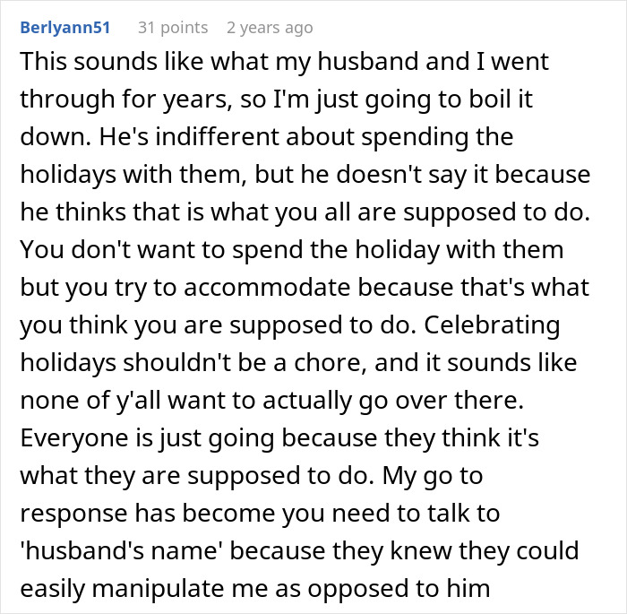 Comment from user sharing experience about celebrating holidays reluctantly due to family expectations and manipulation concerns.