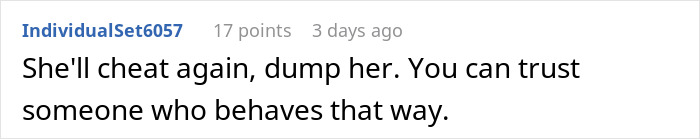 Comment text expressing distrust and advising to end relationship after girlfriend's secret clubbing and losing his car.