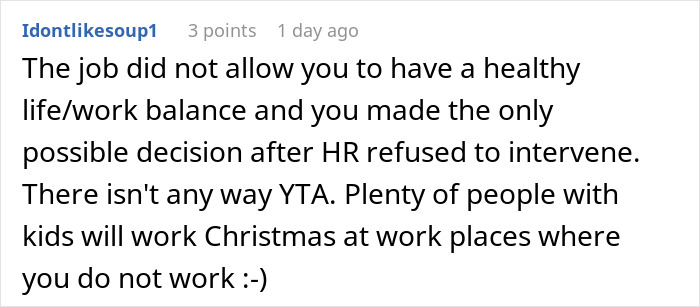 Screenshot of a comment discussing work-life balance and HR issues related to a hospital family first vacation policy.