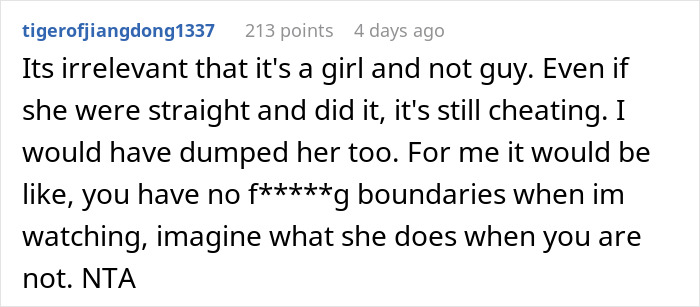 Comment on girlfriend kisses another woman in front of friends, discussing betrayal and boyfriend wanting to break up.