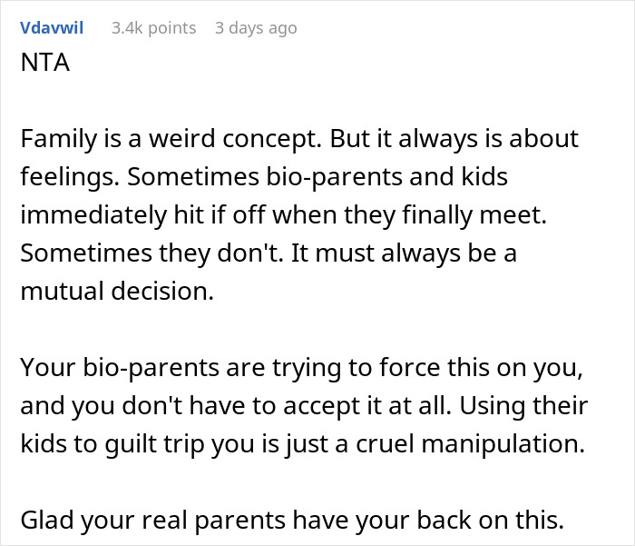 Comment discussing feelings about family and parents wanting their abandoned son to join siblings after years of silence.