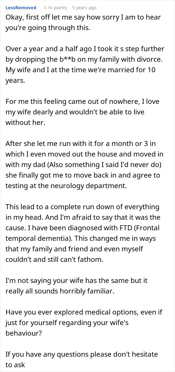 Reddit user shares personal story about marriage struggles and dementia affecting wife&rsquo;s behavior and memory.