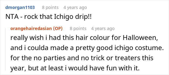 Reddit comment discussing dyeing hair orange and the related classmate drama about Halloween costume ideas.