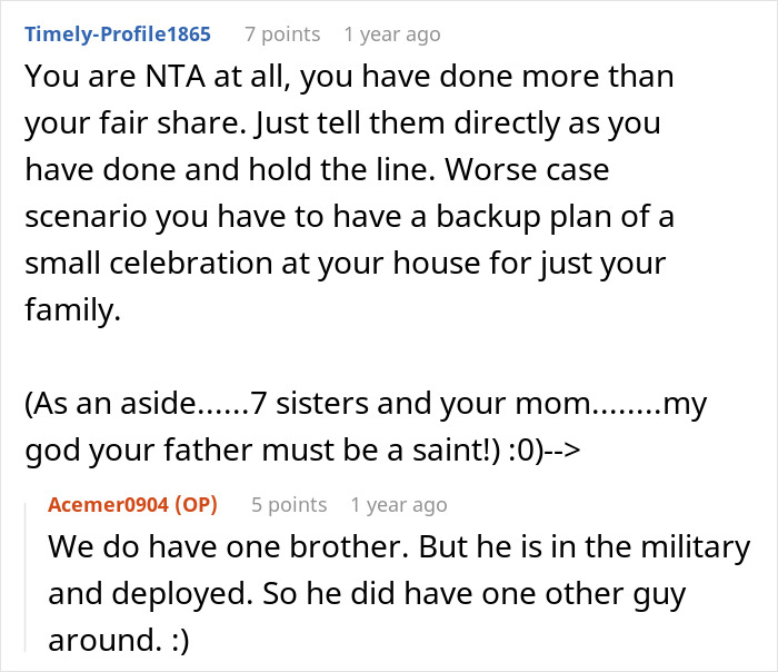Reddit comments discussing a woman asking for a break from hosting a traditional family Thanksgiving.