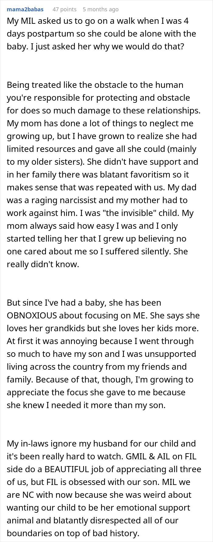 Mom explains why she feels deeply uncomfortable leaving baby alone with mom or mother-in-law due to past family issues.