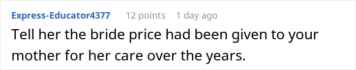 Comment about bride price in sister wedding money culture discussing family care and financial expectations.