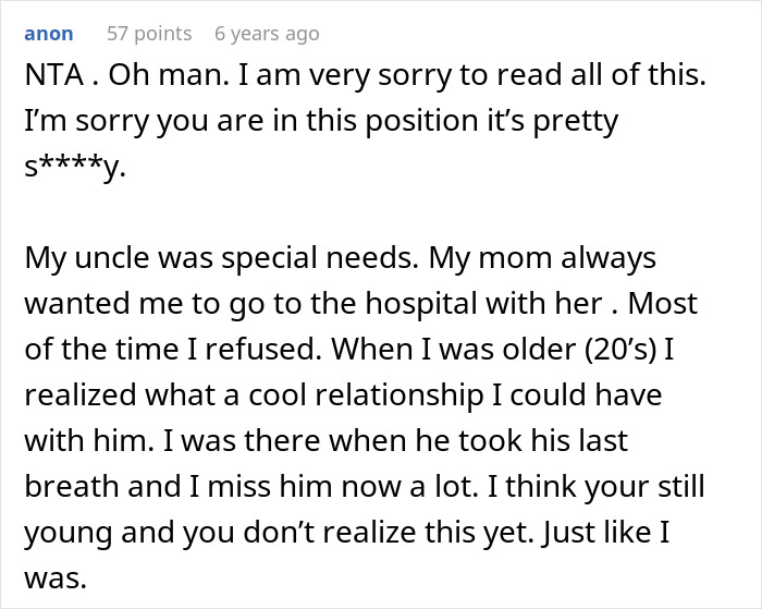 Text post of a sad teen reflecting on refusing to visit special needs stepsister in the hospital and feeling regret later.