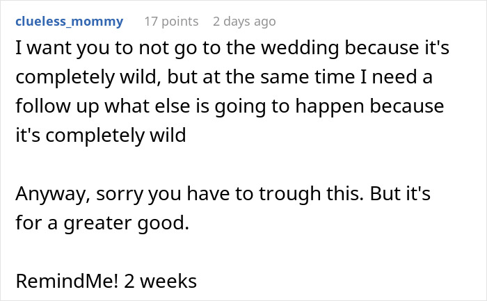 Screenshot of a social media comment discussing chaos and shock related to a spiritual bride&rsquo;s decision weeks before the wedding.
