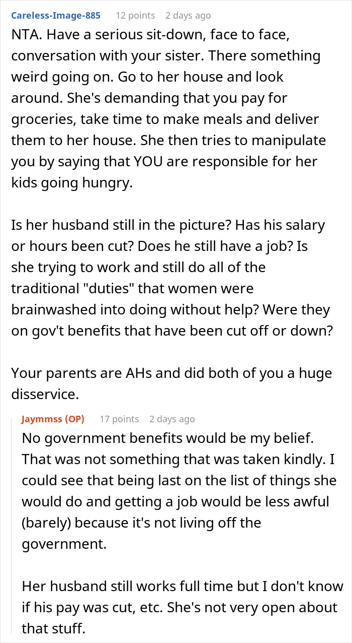 Online discussion about trad wife sister disgusted by brother doing womanly things and refusing to cook for family.