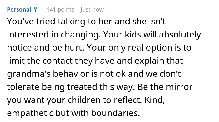 Comment discussing how a MIL admits favoritism toward one grandchild, causing hurt and boundary-setting advice.