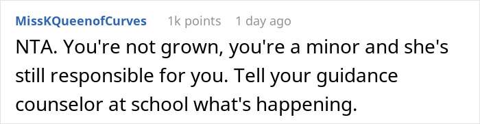 Screenshot of a Reddit comment where a user advises a 17-year-old about their mom retiring from parenting and kids buying their own food.