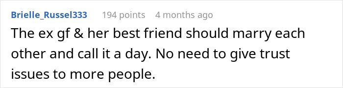 Comment about toxic GF refusing to block bestie she cheated with, creating trust issues in relationship.