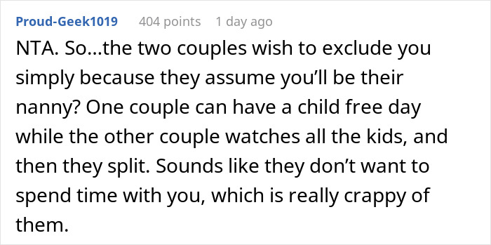 Comment on Reddit discussing exclusion from babysitting on vacation and being labeled selfish for having a life.